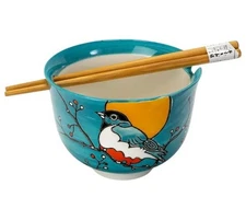 5" Donburi Bowl w/Chopsticks Blue w/Robin