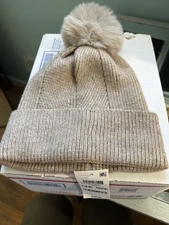 ON 34th Multi Stitch Womens Faux Fur Pom Pom Beanie hat beige osfm new