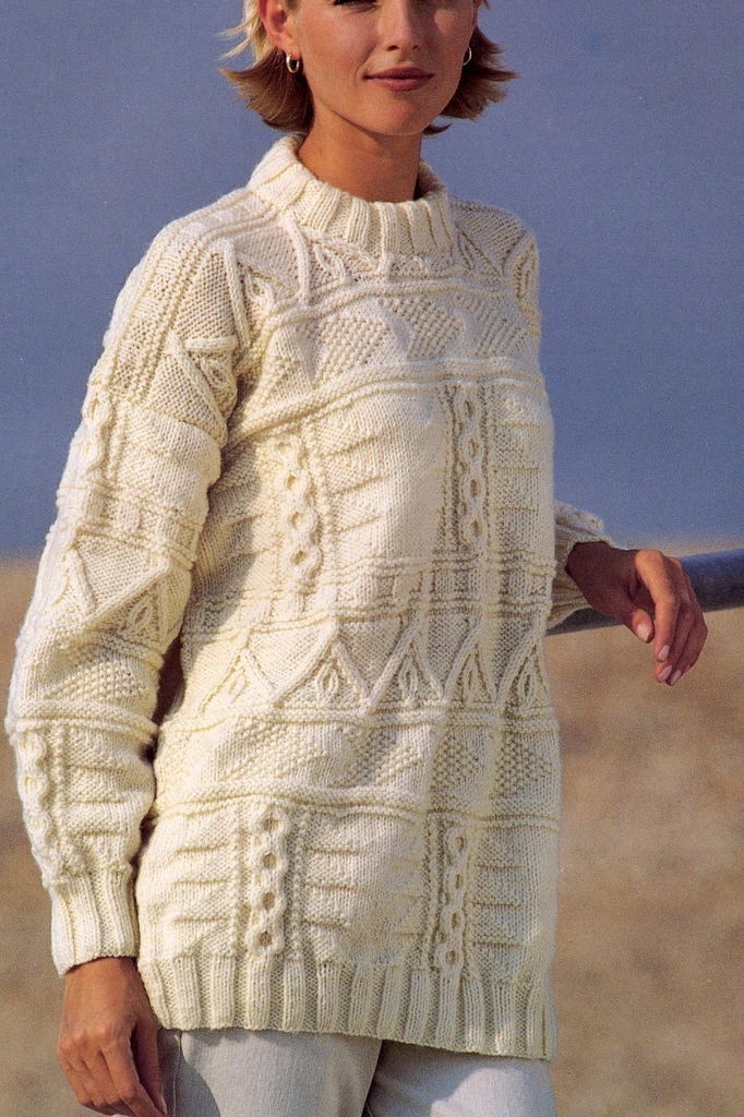 Sampler Aran Sweater Knitting Pattern Loose Fit Wool or Cotton