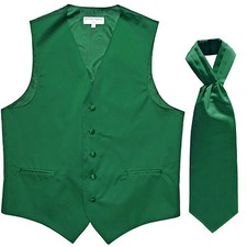 New Men's Formal Tuxedo Vest Waistcoat solid Ascot cravat Emerald Green Prom