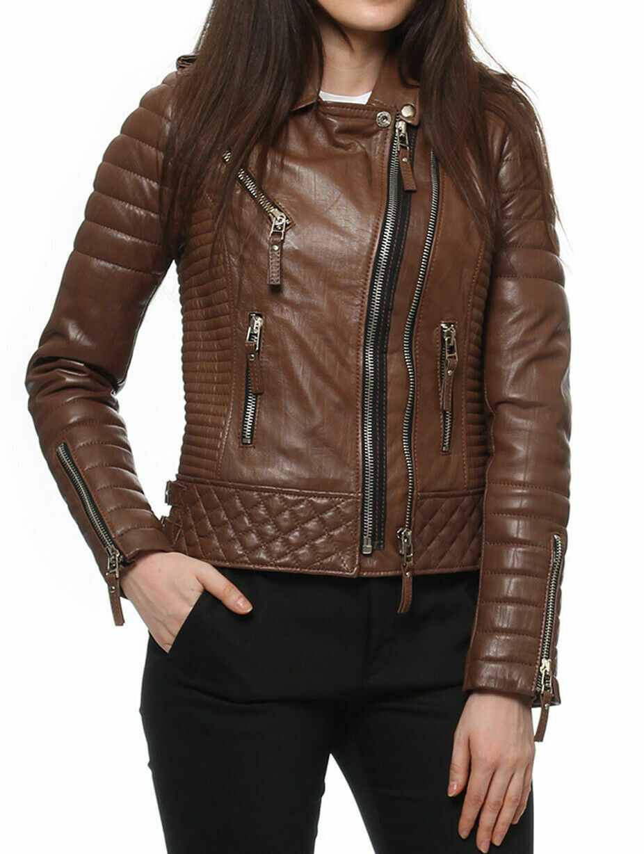 Chaqueta de cuero 100 % real acolchada marrón para mujer Abrigo de piel de co...