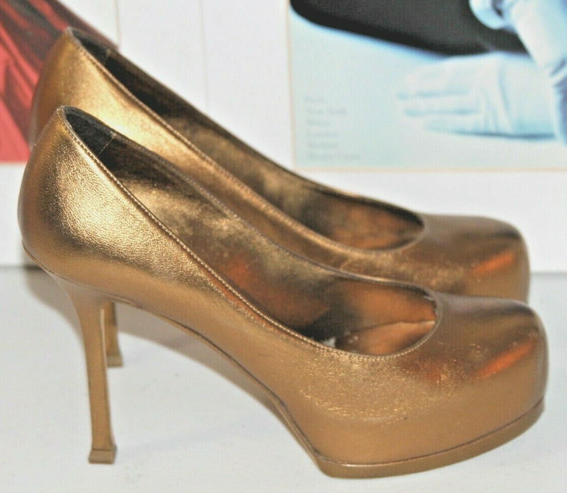 SAINT LAURENT Pompa con plateau YSL tribtoo in pelle oro bronzo taglia 36 6 $895 #DS