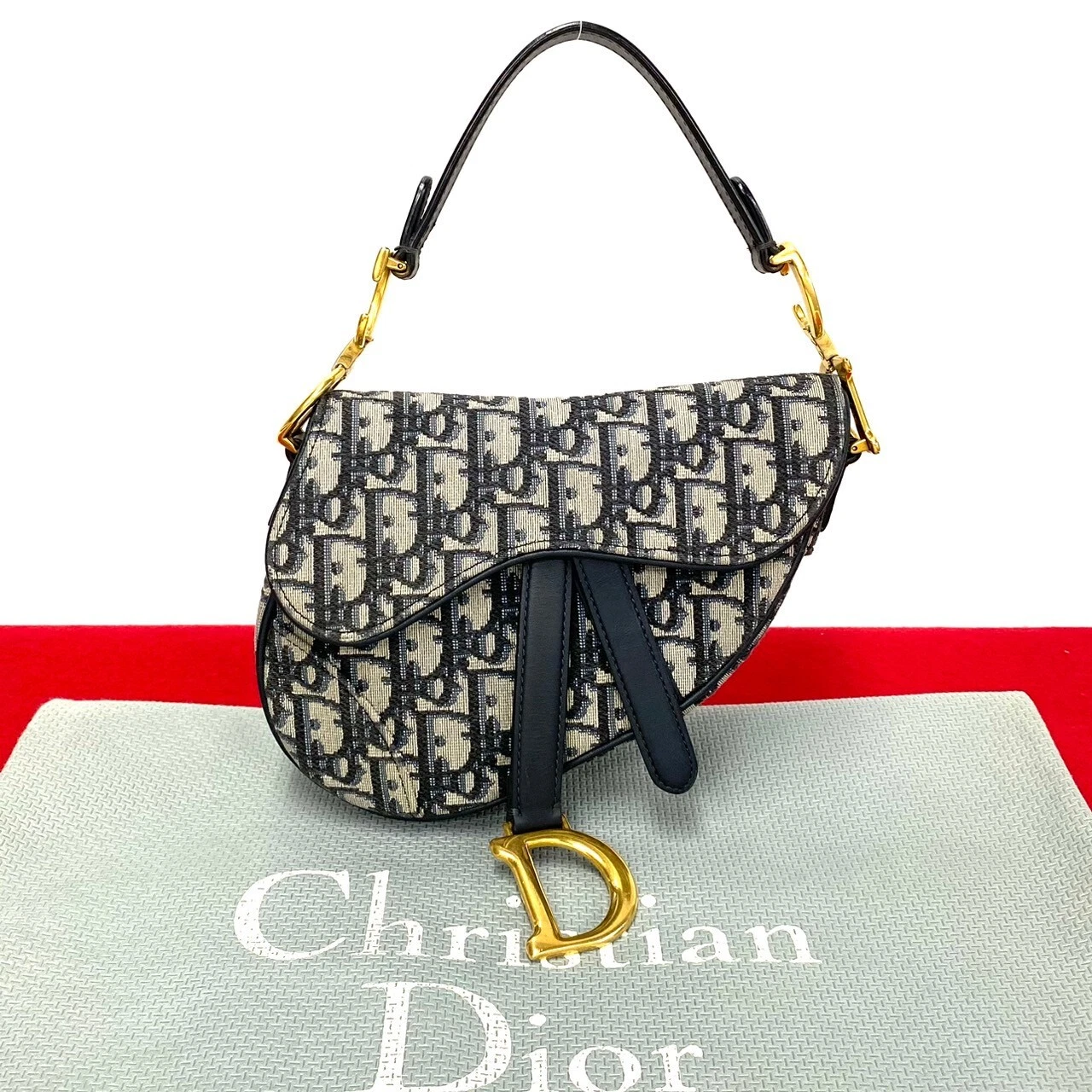 Christian Dior Sacoche Selle Trotteur Sac à Main Cuir Toile Marine 31736