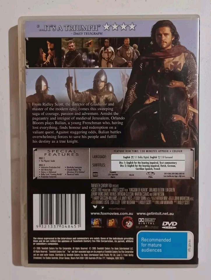 Kingdom Of Heaven DVD (Region 4) VGC Orlando Bloom, Action, Free Postage - image 2 of 4