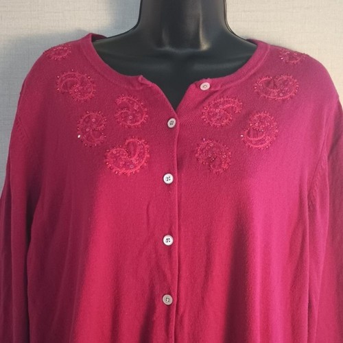 Lands' End Cardigan Size XL Barbiecore Pink Paisley Embroidered Sequins Sweater - Picture 3 of 12