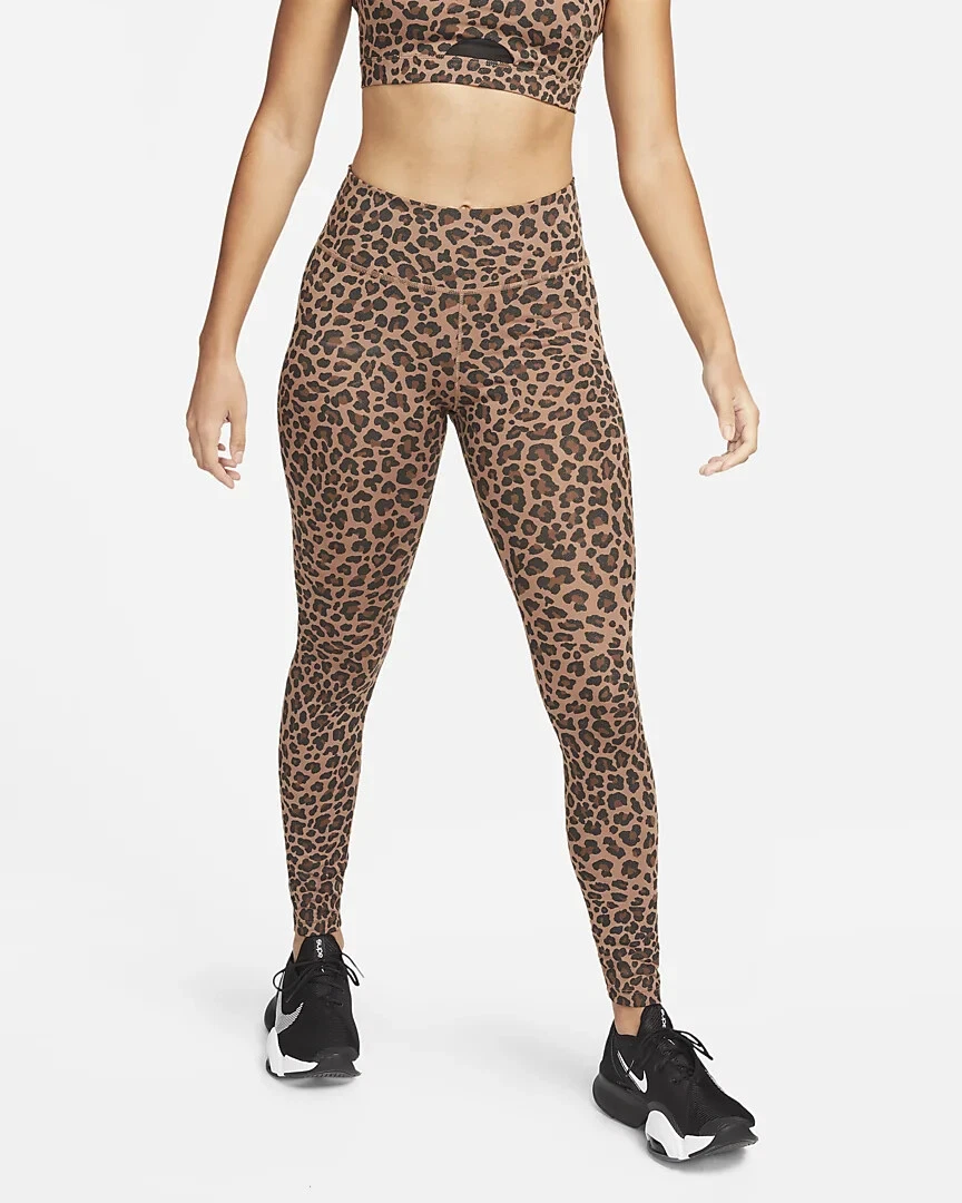 Women's Nike One Mid-Rise Leopard Glitter Printed Leggings M Brown Black