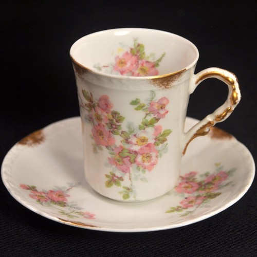 Limoges PM de M Old Abbey Set 4 Chocolate Cups & 6 Saucers Pink Gold 1908-1913 - Picture 4 of 12