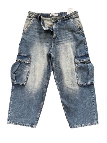 Pantalones de mezclilla holgados Bershka cargo cónicos en denim azul lavado 100 % algodón talla 12/L - Imagen 2 de 6