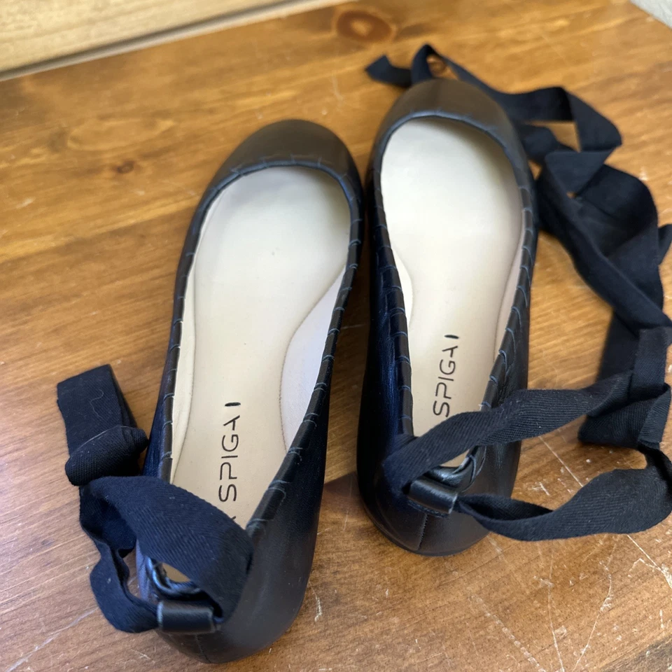 NEW Via Spiga women's 6.5 Black leather ballet flat Ribbon Tie Whip Stitching - Image 3 of 4