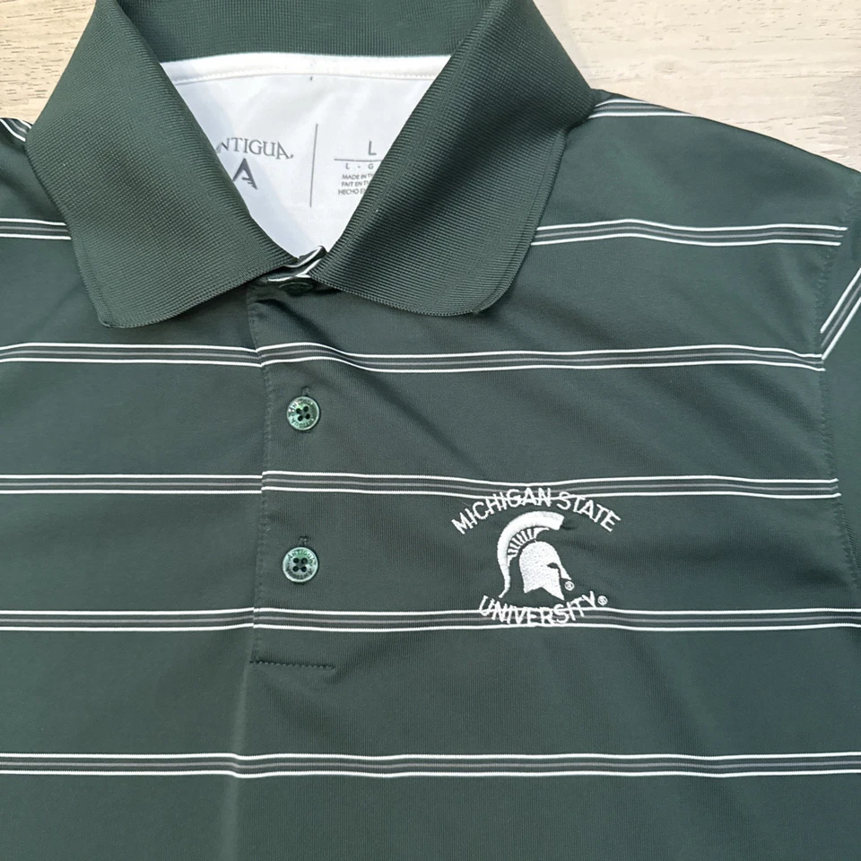Michigan State Spartans Short Sleeve Polo Shirt Mens Sz L Large Green Stripe - Image 4 of 4