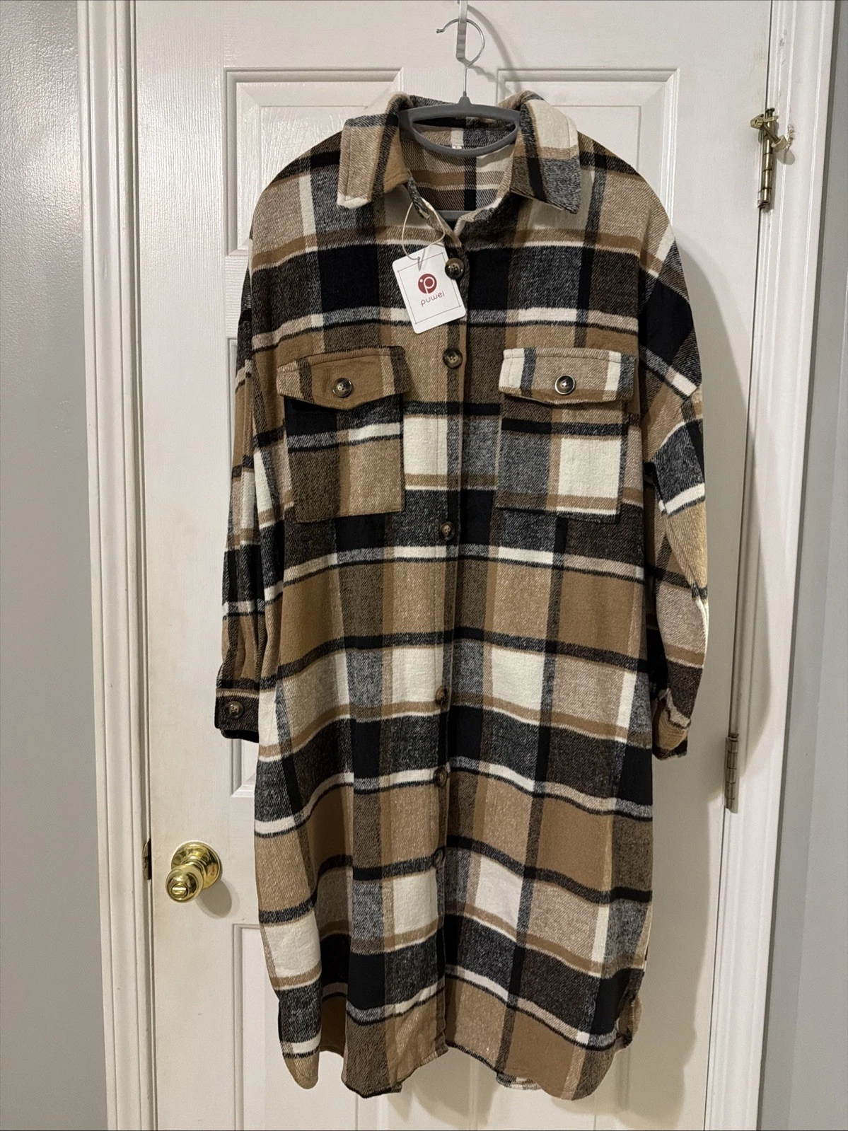 NEW Puwei Long Soft Plaid Flannel Shacket Shirt Duster Jacket Coat Size Large