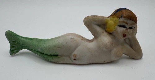 Vtg Japan Nude Hand Painted Mermaid Porcelain Figurine Green Tail Fin Bisque