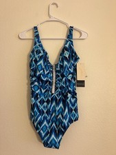  148 NWT Profile By Gottex Size 12 Blue Ikat One Piece Swimsuit