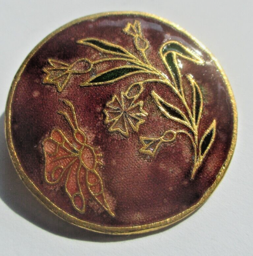 Broche Ronde Vintage En Émail Cloisonné Or - Couleurs Rose Et Noir - Bijou Ancien