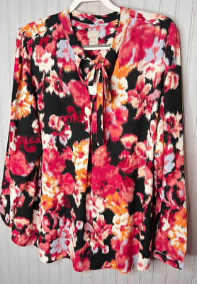 Chico's Womens TOP 20 22 4 Black Pink Abstract Floral Tie Designer Quality NEW