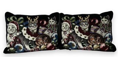 2 Tapestry Christmas Cat Kitten Pillows BESS England 16'' Throw Woven NICE