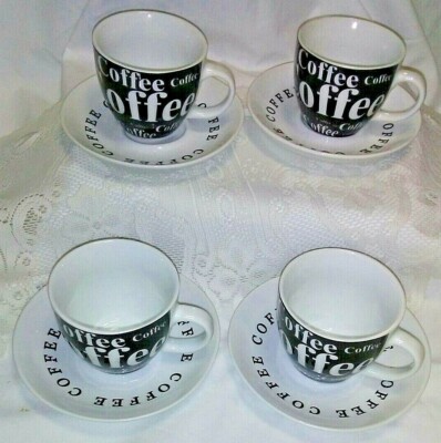 Set of 4 Black & White Coffee Cups & Saucers "Coffee Coffee Coffee" Words 6  oz. | eBay