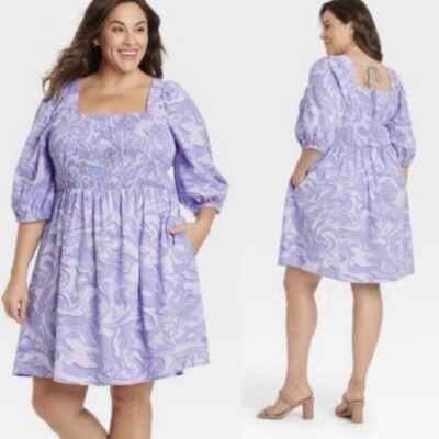 Ava & Viv Women's Purple Swirl Puff Elbow Sleeve Mini Dress Plus Size 1X |  eBay