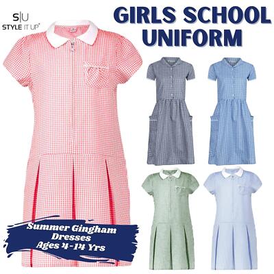 Kids Girls Gingham Dress School Uniform Summer Checked Zipped Frilly  Pockets UK UK