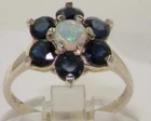 Natural Fire Opal & Blue Sapphire Cluster Flower Ring 925 Silver Victorian Ring