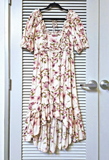 plum floral print hi-low ruffle hem midi dress M urban outfitters earrings