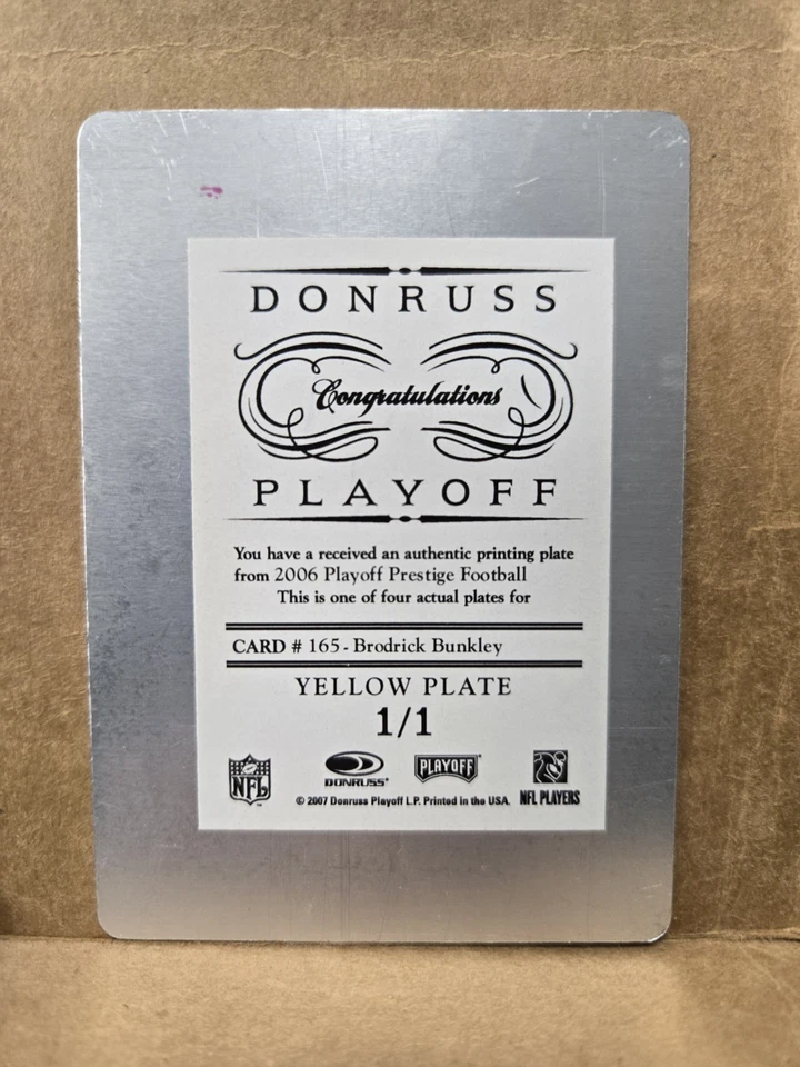 2006 Playoff Prestige Brodrick Bunkley #1/1 Yellow Printing Plate Eagles #165 - Image 2 of 2