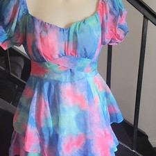 Fashion Nova Tie Dye Chiffon Mini Dress Puff Sleeves Square Neck Size S