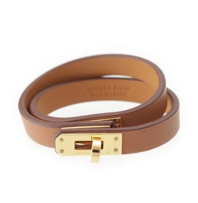 Hermes Mini Kelly Double Tour Bracelet Brown Cuff Gold Hardware