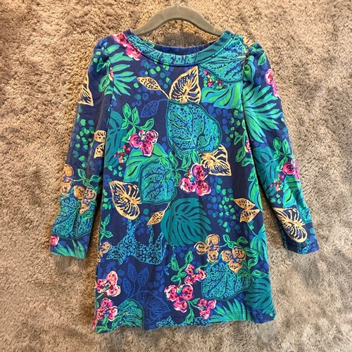 Lilly Pulitzer Mini Jansen Kleid Mädchen Größe S 4 5 Blau Blumen Dschungel Leopard