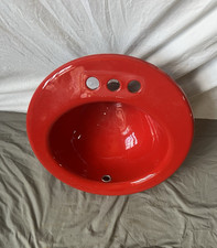 Vtg 19" Round Cast Iron Antique Red Porcelain Self Rimming Drop In Sink 2-25J