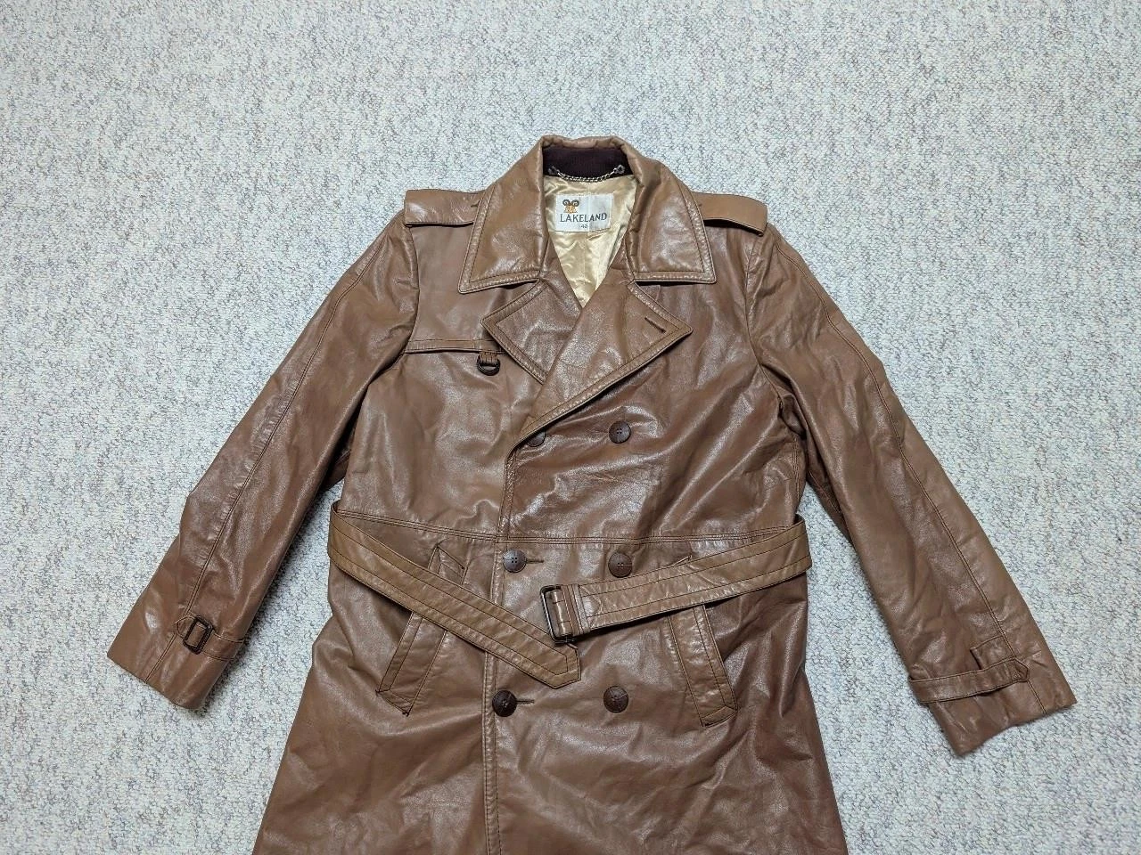 vintage USA made TRENCH COAT leather 42 sherlock BELTED double breasted M brown - product detail image 12
