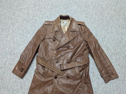 vintage USA made TRENCH COAT leather 42 sherlock BELTED double breasted M brown image 12