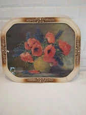 Vintage Print of Poppy Flowers in a antique frame under glass.