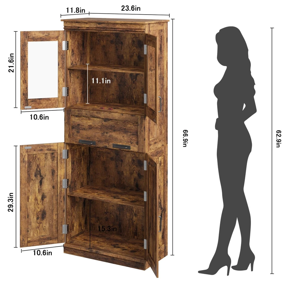 Mueble de baño de 67 pulgadas de alto con 4 puertas y cajón de cristal abatible, armario de almacenamiento... Foto 2 de 4