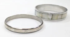 Mother of Pearl Inlay Silver Tone Bangle Bracelet Set of 2 Boho Summer Beachy