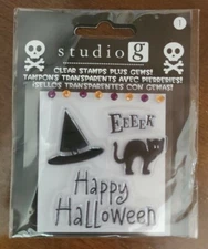 studio g Clear Stamps PLUS Gems! Halloween themed, BOO, EEEEK, black cat....