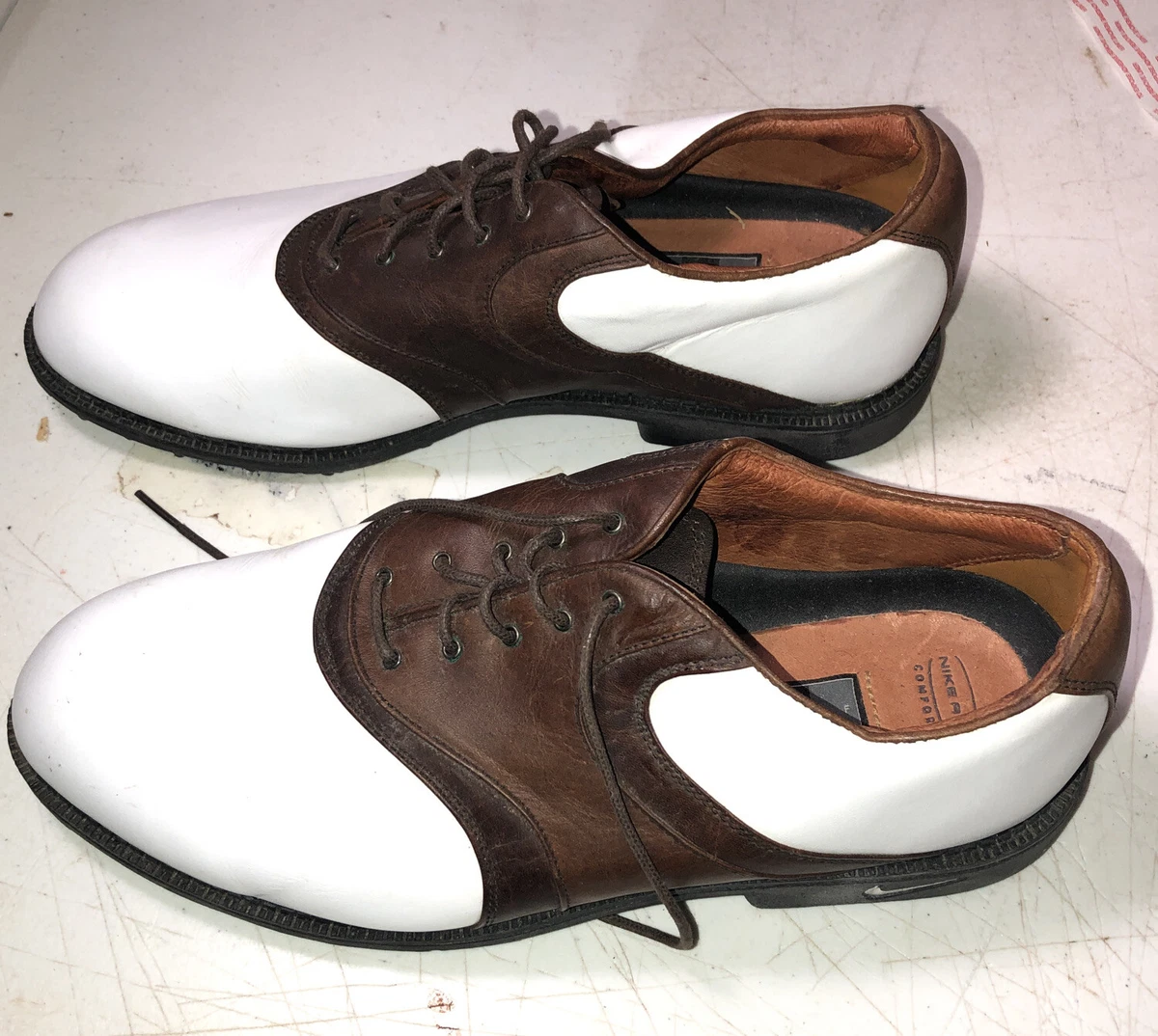 Vintage Nike Air Kempshall Last Leather Golf Shoes White Brown Saddlle Mens 11.5