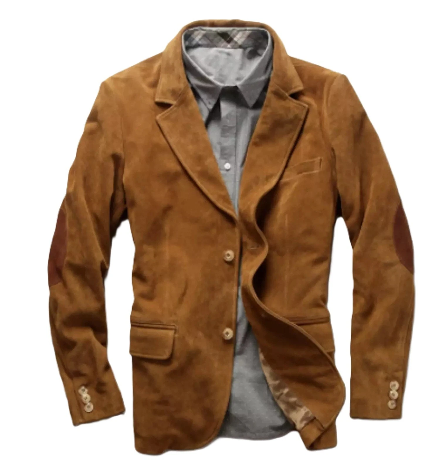 Men Pure Suede Leather Brown Blazer Coat 2 Button Jacket Size S M L XL XXL 3XL