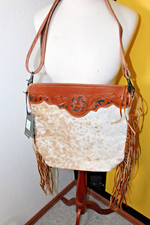 Myra Womens Western Cowhide Purse Fringe Large Brown Handtooled 14 X 14 X 4 In