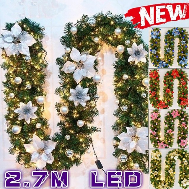Xmas Garland Pre Lit Decorated 9ft Black Silver 40 White Led