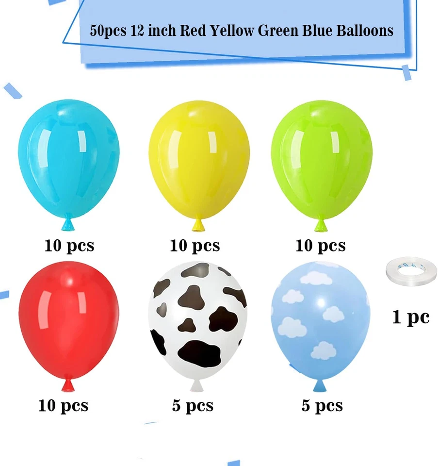 Globos de historia inspirados en juguetes, 50 piezas estampado de vaca de 12 pulgadas nube azul cielo rojo azul amarillo Foto 2 de 4