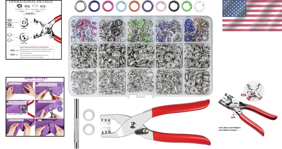 Metal Snap Buttons Kit 200 Sets Copper Aluminum Eco-Friendly Fastener Pliers ... - Image 2 of 4