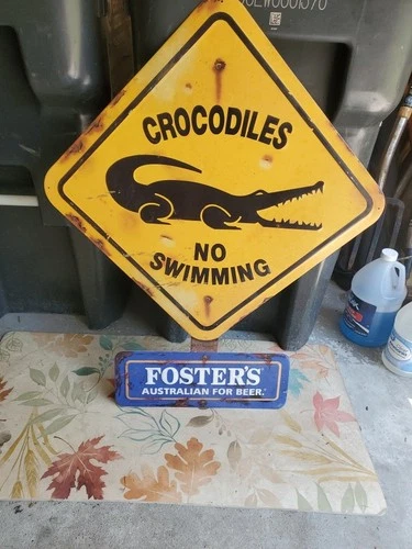 Vintage Crocodiles No Swimming Fosters Beer Metal Sign