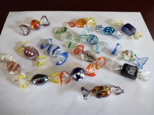 15 Piece Lot Vintage Hand Blown Color Art Glass Wrapped Hard Candy Murano Style