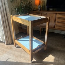 Mid Century Modern Oak Tea Trolley Drinks Bar Blue Formica Removable Trays MCM 
