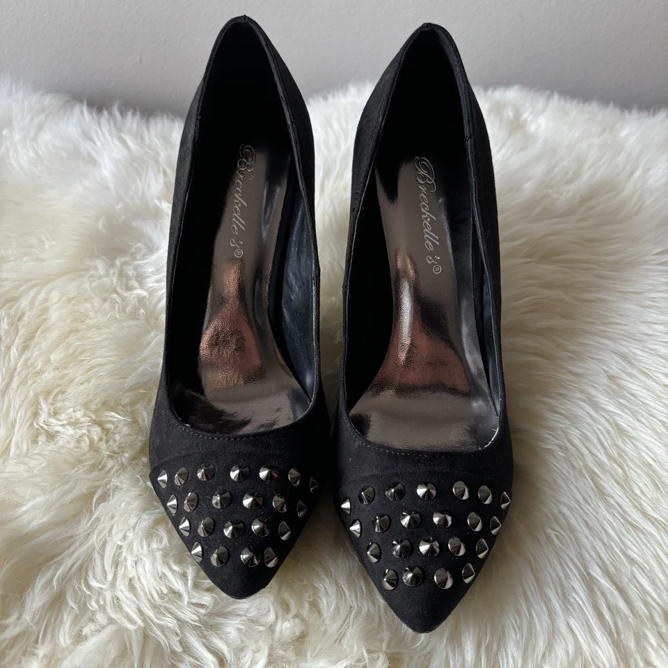Tacones altos con tachuelas 6 negros puntiagudos imitación gamuza mafia esposa glamour rockero gótico nuevo en caja Foto 2 de 4