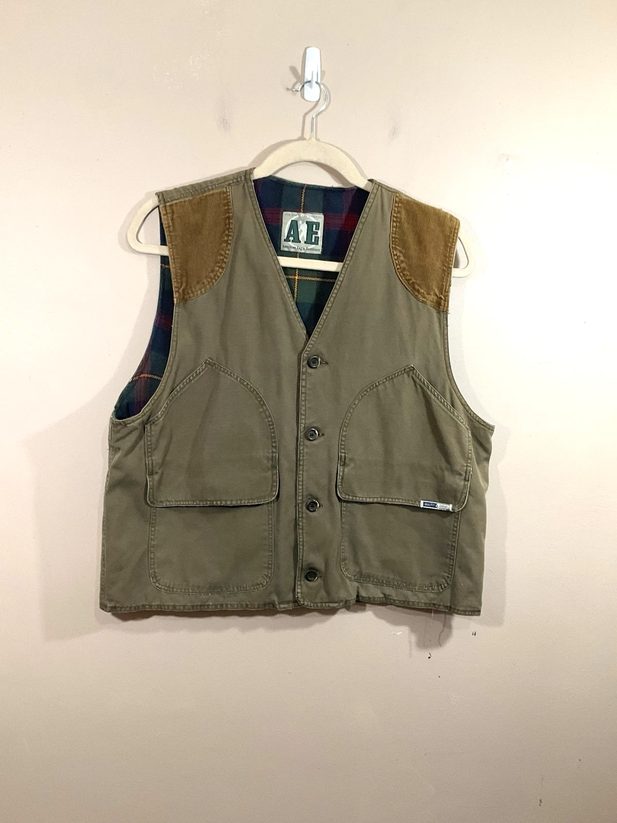 Vintage American Eagle Mens Flannel Lined Shooters Vest L Green Outdoors Hunting