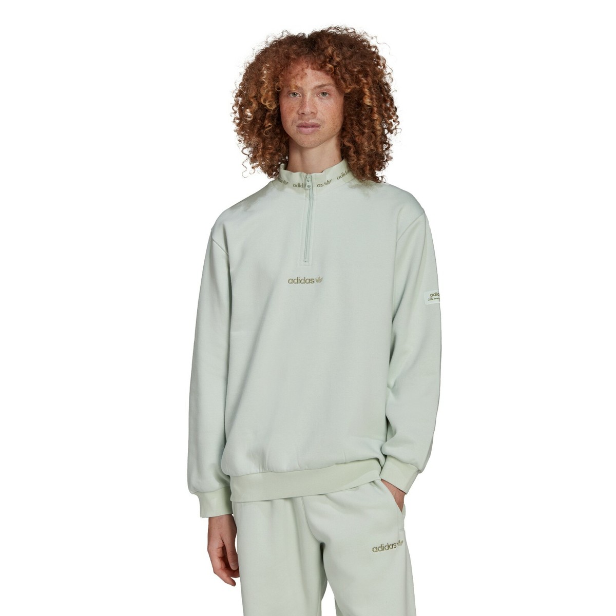 スウェット・トレーナー adidas originals Trefoil Linear Quarter Zip Sweatshirt Adidas Trefoil Linear Quarter Zip Sweatshirt (linen green