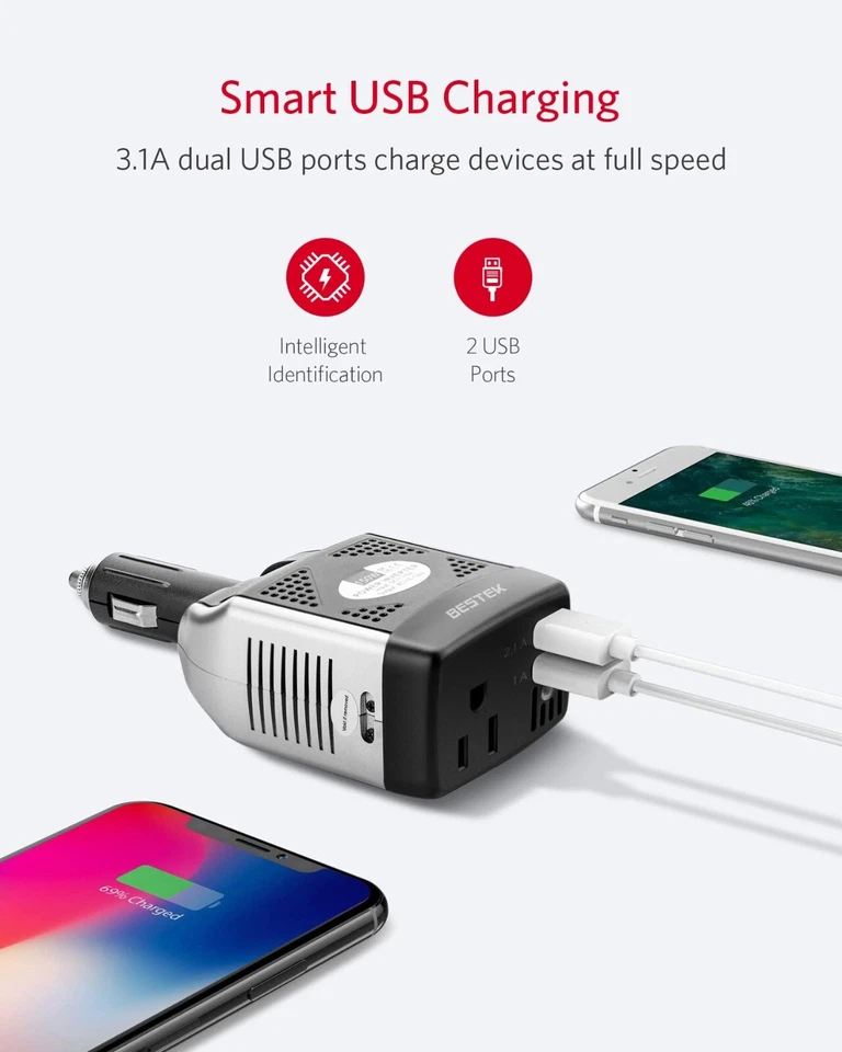 BESTEK 150W Inversor de Potencia 12V a 110V Convertidor de Voltaje Cargador de Coche con 2 USB Foto 3 de 4