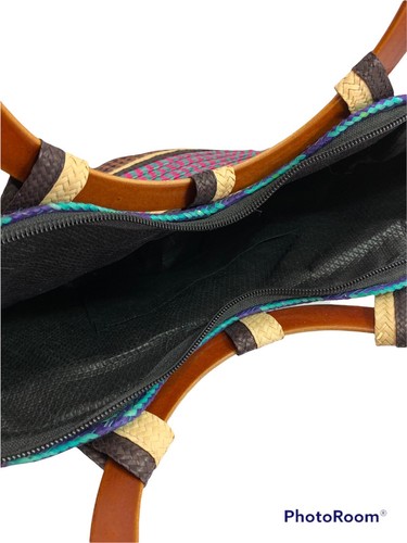 Straw Tote Striped Multicolor Multi Patterns Basket Wood Handles Lined 12x15x1” - Picture 5 of 5